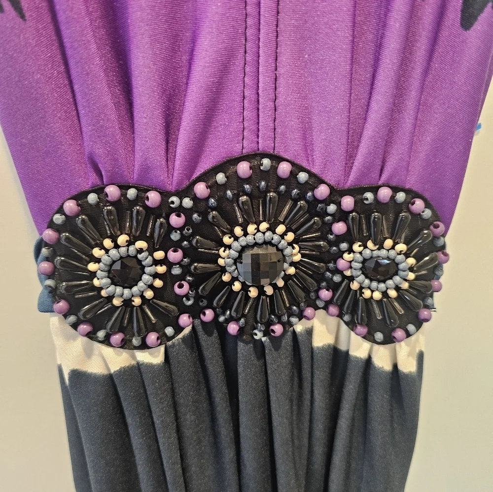 ICE Petite Beaded Waist Maxi Dress 8P Purple Navy Ombre Sleeveless Stretch